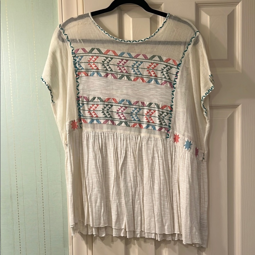 Free People Cream and Pink Embellished Blouse